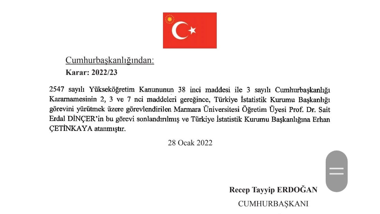 Türkiye İstatistik Kurumu Başkanlığına Erhan Çetinkaya atandı
