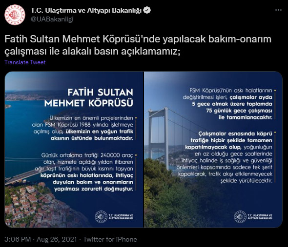 Bakanlık'tan FSM Köprüsü'ndeki çalışmayla ilgili açıklama