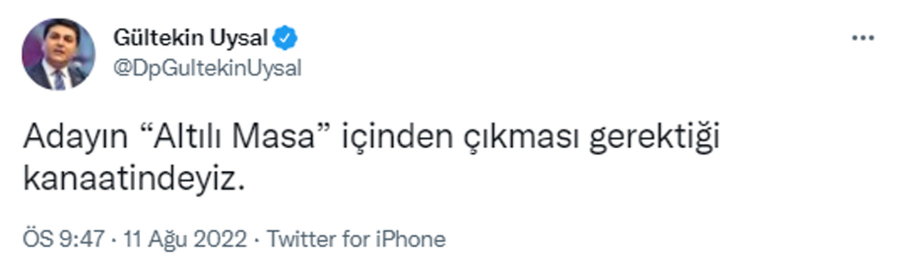 Gültekin Uysal'dan çarpıcı 'adaylık' açıklaması: 'Altılı masa' içinden çıkması gerektiği kanaatindeyiz Gültekin Uysal'dan çarpıcı 'adaylık' açıklaması: 'Altılı masa' içinden çıkması gerektiği kanaatindeyiz