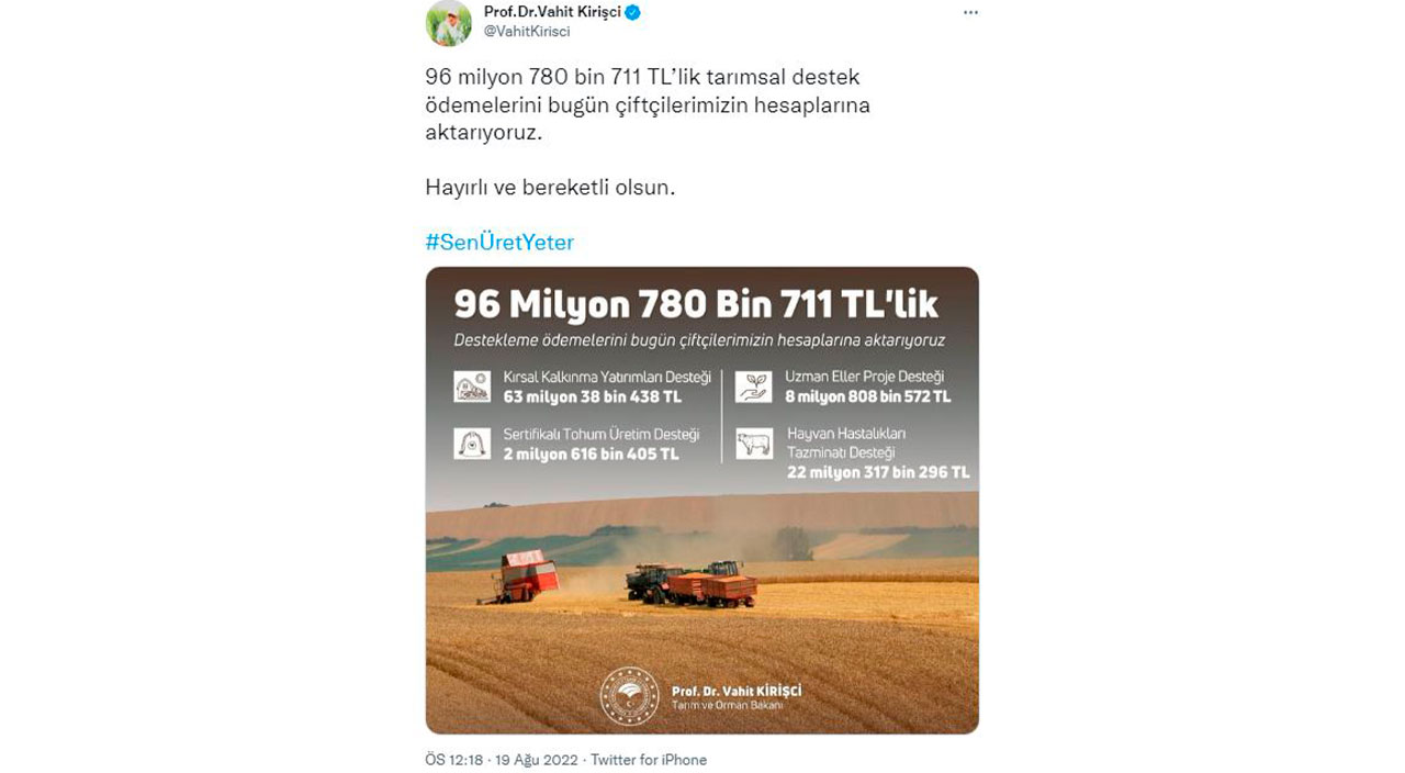 Bakan Kirişçi duyurdu: Destek ödemeleri bugün hesaplarda