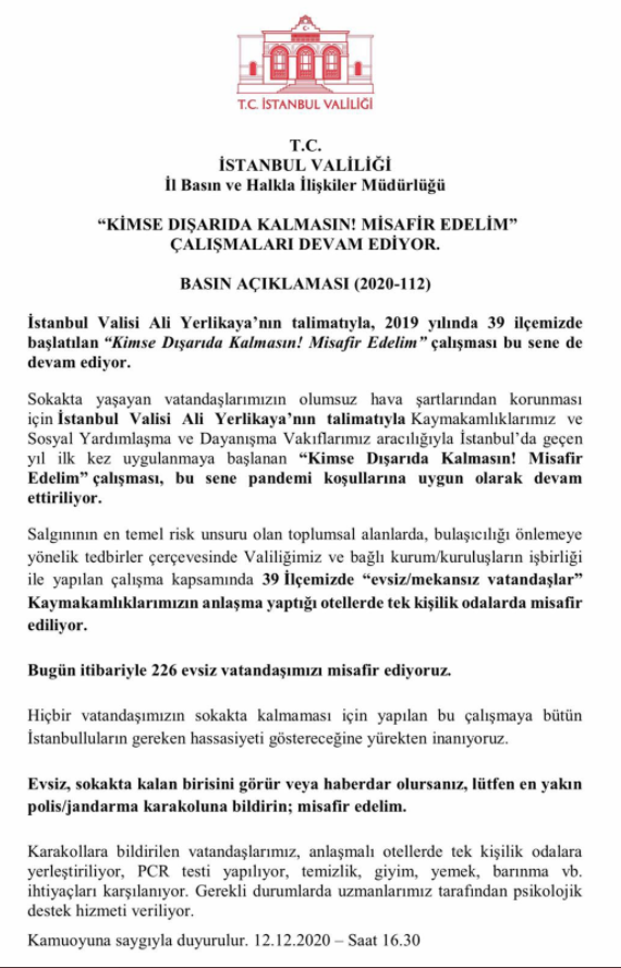 İstanbul Valiliği: Bugün itibariyle 226 evsiz vatandaşımızı misafir ediyoruz