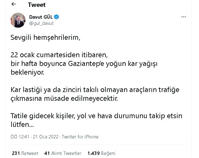 Vali uyardı: Gaziantep'te ikinci 'kar' dalgası