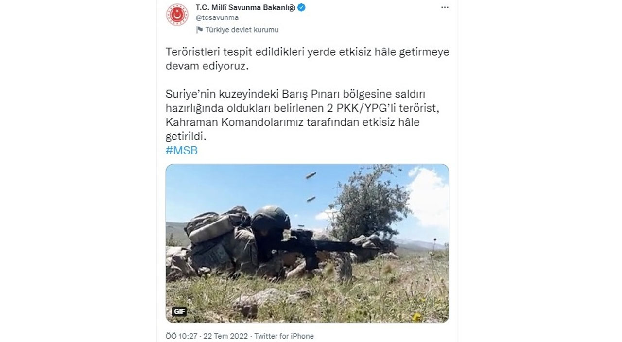 Suriye'nin kuzeyinde 2 PKK'lı terörist etkisiz Suriye'nin kuzeyinde 2 PKK'lı terörist etkisiz