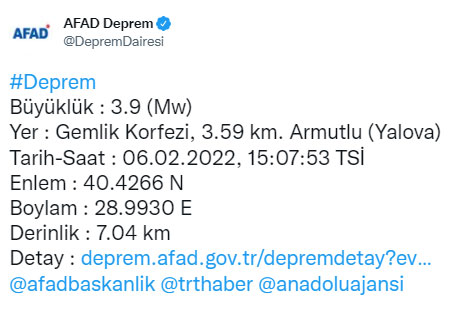 Yalova'da 3,9 büyüklüğünde deprem