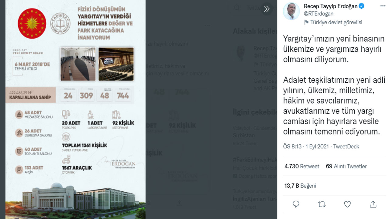 Cumhurbaşkanı Erdoğan'dan yeni Yargıtay binası paylaşımı Cumhurbaşkanı Erdoğan'dan yeni Yargıtay binası paylaşımı