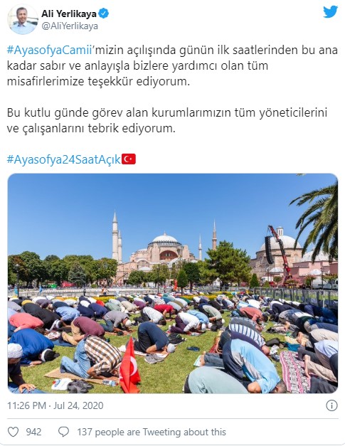 İstanbul Valisi Ali Yerlikaya'dan 'Ayasofya Camii' teşekkürü