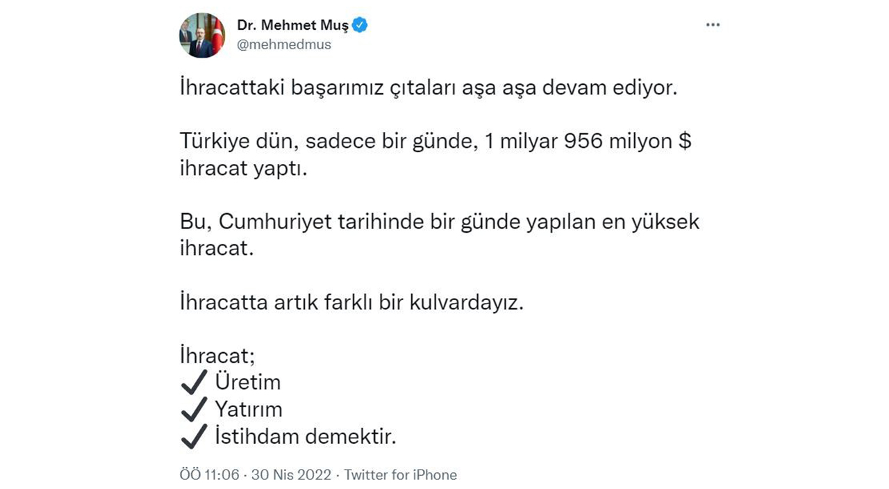 Bakan Muş duyurdu! Sadece bir günde rekor ihracat
