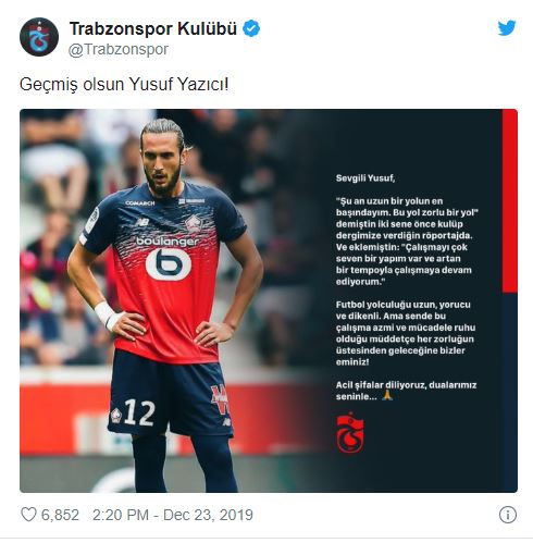 Trabzonspor'dan Yusuf Yazıcı'ya geçmiş olsun mesajı