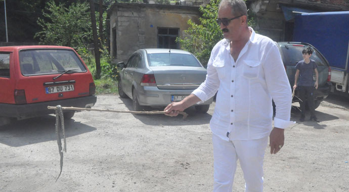 Mahalle arasında ortaya çıkan 3 metrelik su yılanı dereye bırakıldı