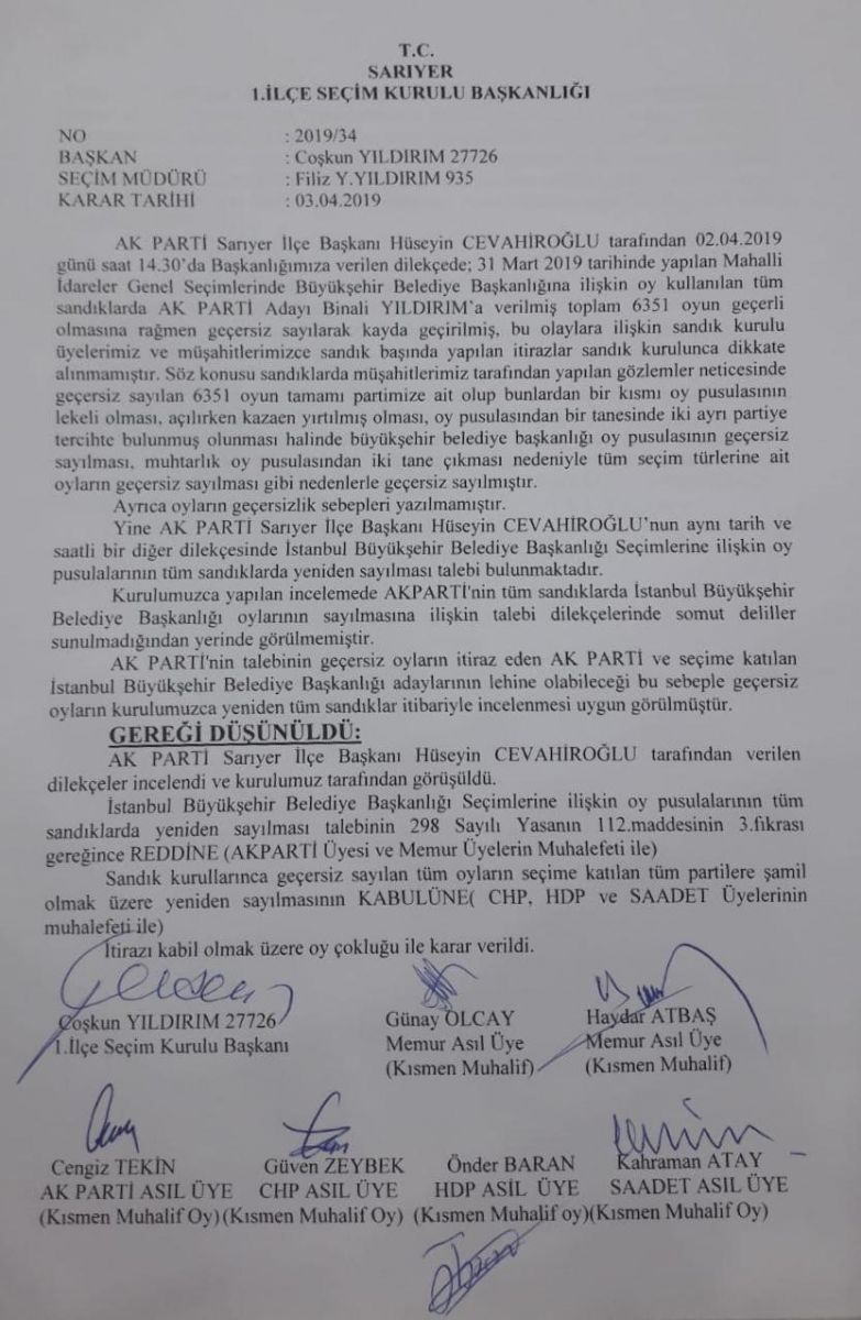 Sarıyer için karar verildi: Oylar yeniden sayılıyor