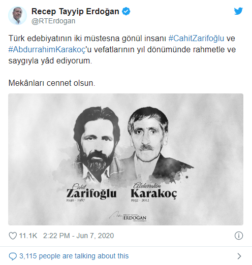 Cumhurbaşkanı Erdoğan şair Cahit Zarifoğlu ve Abdurrahim Karakoç'u rahmetle andı