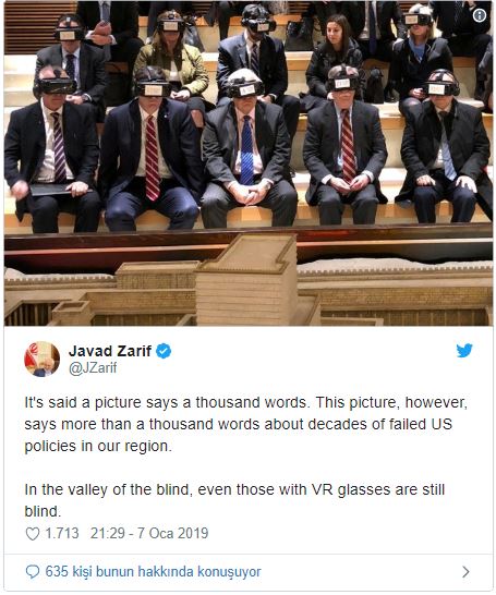 Zarif, ABD'nin Orta Doğu politikasını Bolton'un fotoğrafıyla anlattı
