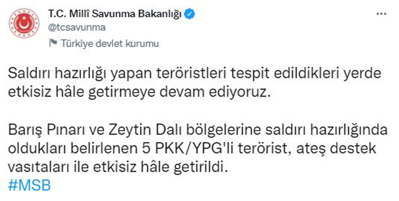 MSB duyurdu: 5 terörist etkisiz hale getirildi