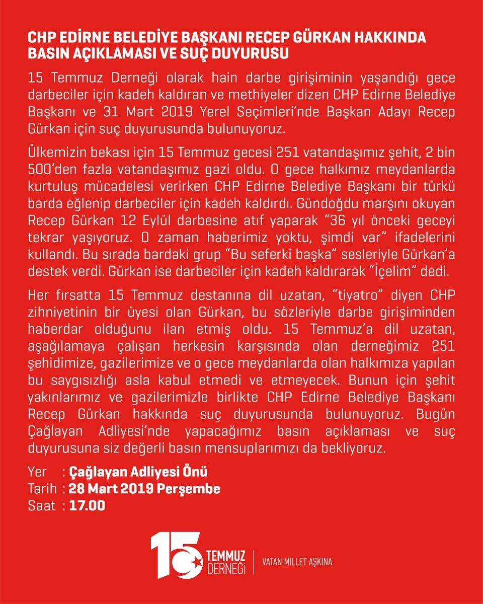 Darbeye kadeh kaldıran Recep Gürkan hakkında suç duyurusu