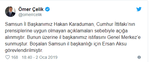 AK Parti Samsun İl Başkanı görevden alındı