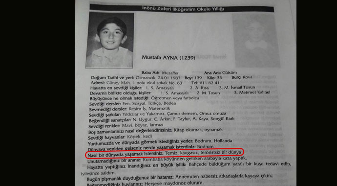 Şehit Astsubay Mustafa Ayna daha küçücükken 'teröristsiz bir dünya' dilemiş