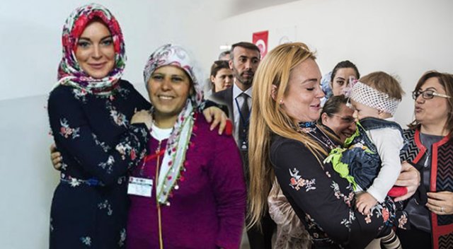 Lindsay Lohan başörtü örtüp sığınmacıları ziyaret etti