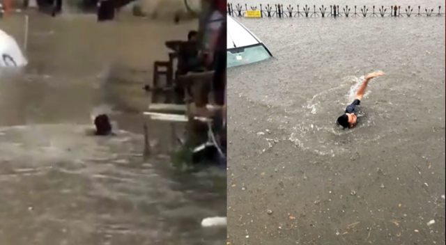 Üsküdar&#039;da esnaf işe yüzerek gitti