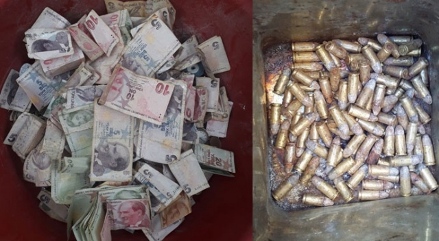 Çöp evden mermilerle yüzlerce para çıktı
