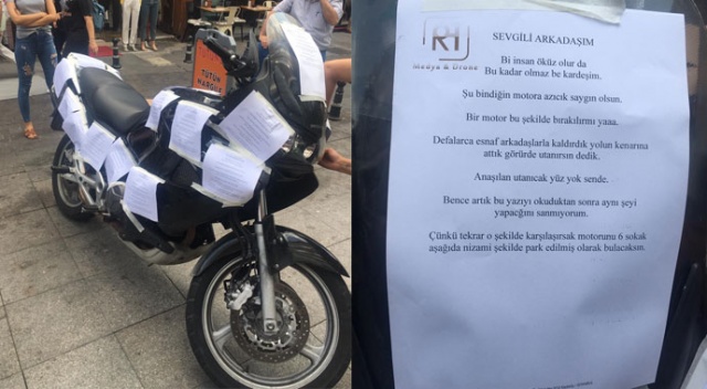 Motosiklet sürücüsünün park inadı esnafı bezdirdi Motosiklet sürücüsünün park inadı esnafı bezdirdi