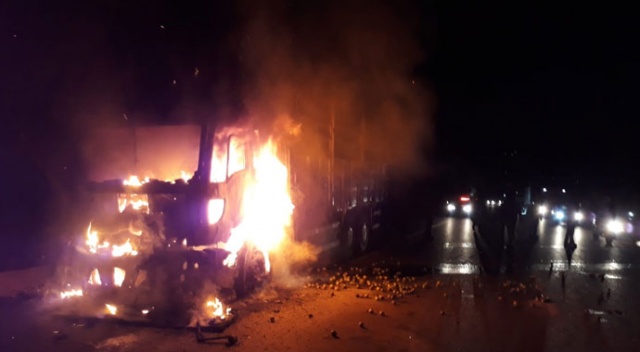 Limon yüklü kamyon alev alev yandı