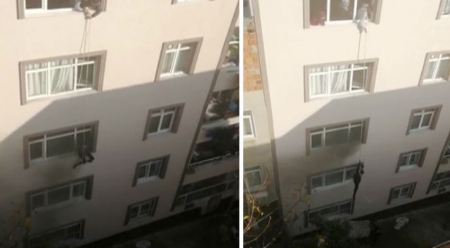 Yangında mahsur kalan hamile kadın, ip yardımıyla kurtarıldı Yangında mahsur kalan hamile kadın, ip yardımıyla kurtarıldı