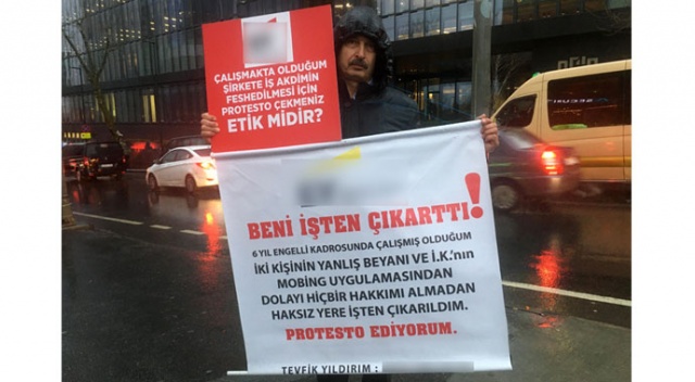 Tazminatsız kovulduğu iş yeri önünde tek kişilik eylem