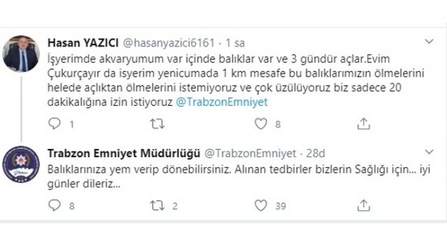 İş yerinin akvaryumundaki balıklarına yem vermek için Trabzon Emniyeti'nden yardım istedi