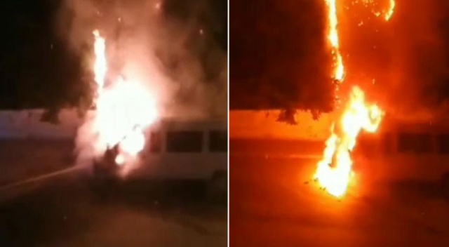 Büyükçekmece’de park halindeki minibüs ateş topuna döndü