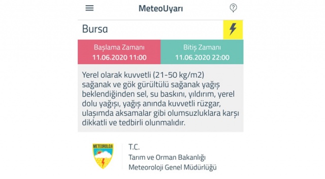 Metrorolojiden Bursa için sarı uyarı