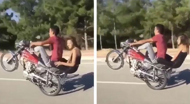Motosiklet üzerinde &#039;pes&#039; dedirten görüntüler cezasız kalmadı