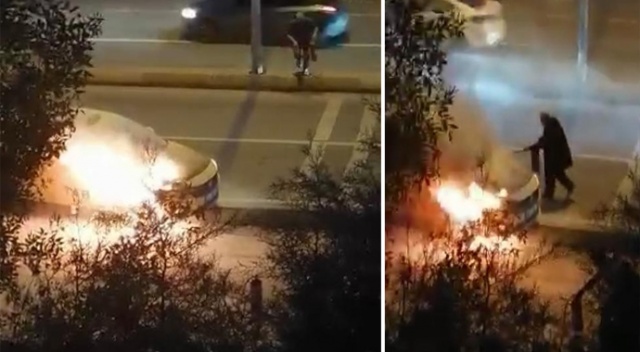 Taksinin yol ortasında alevlere teslim olduğu anlar kamerada