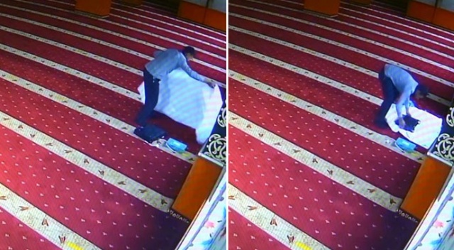 Camiye giren hırsız, ses cihazını kefene sarıp çaldı