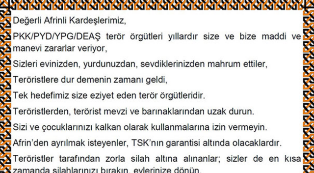 TSK, Afrin'e havadan bildiri attı