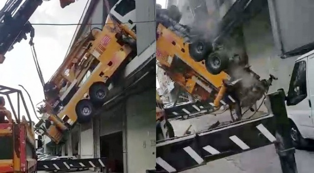 İş yerine taşınan 8 tonluk vinç düştü - video