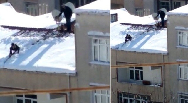 Belinden iple bağladıkları çocuğa çatıyı temizletti