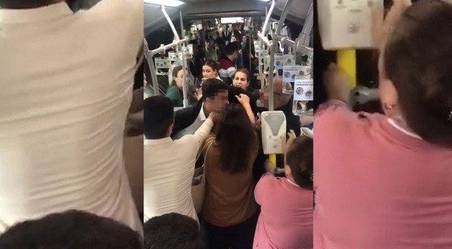 Boğazlarını sıkıp, saçlarını çektiler! Metrobüs'te koltuk verme kavgası anbean kamerada