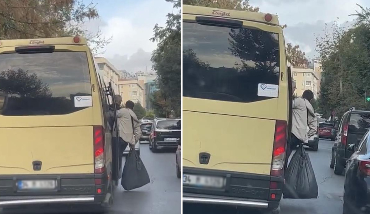 Dolmuşta pes dedirten yolculuk: Tıka basa dolu araçtan elinde büyük poşetle sarktı
