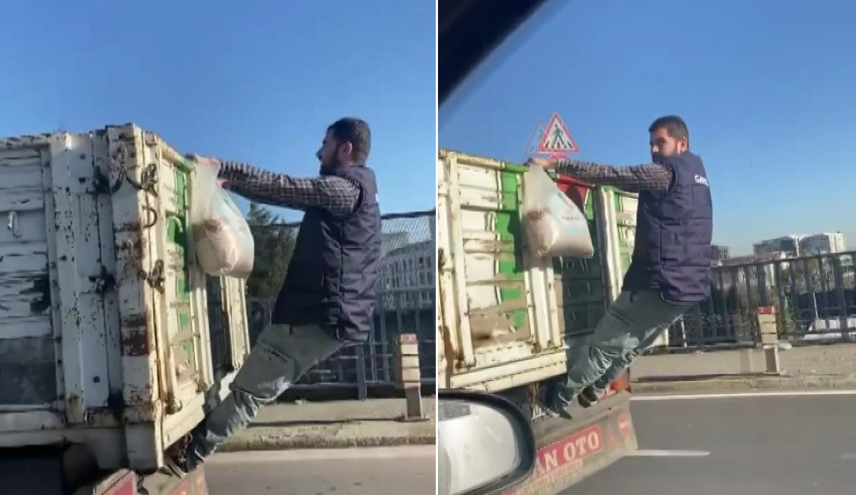 Kamyonet arkasında tehlikeli yolculuk: Canını hiçe saydı