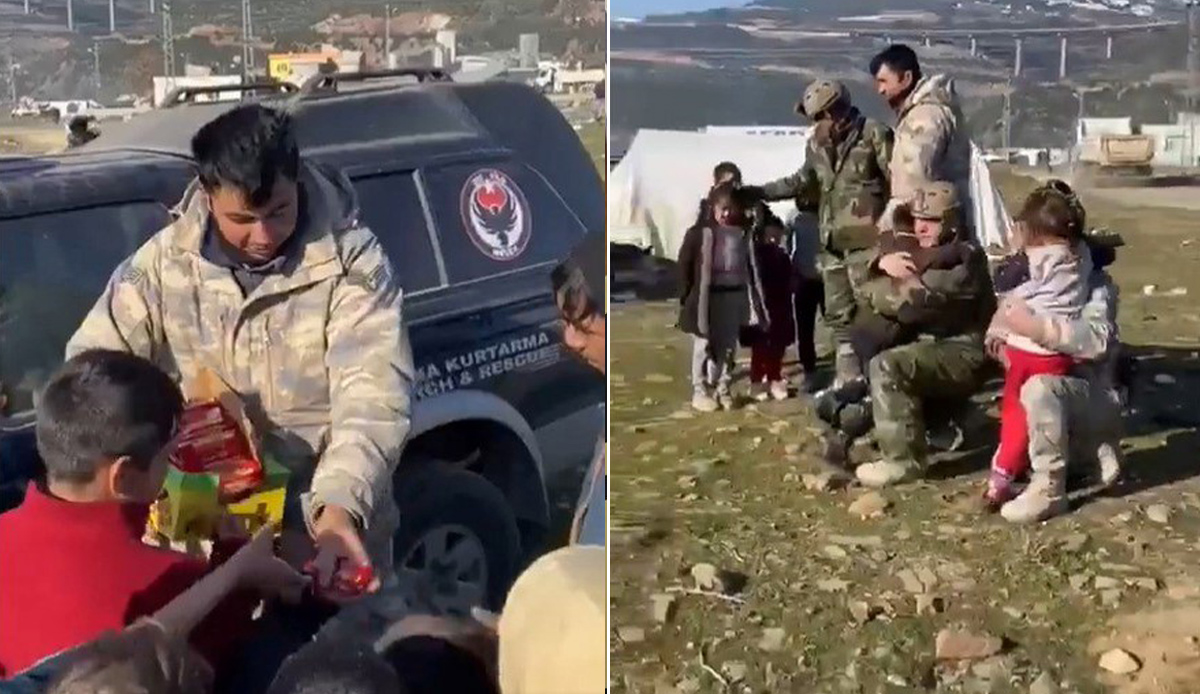 Mehmetçik, Nurdağı'daki çadır kentte depremzedeleri ziyaret etti, MSB'nin paylaştığı görüntüler yürekleri ısıttı