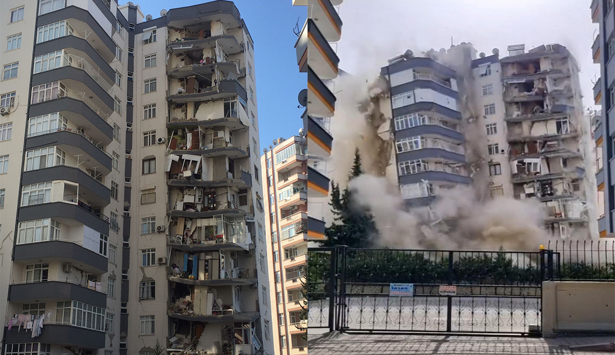 Adana'da depremde ağır hasar alan Ayas Apartmanı kontrollü yıkıldı