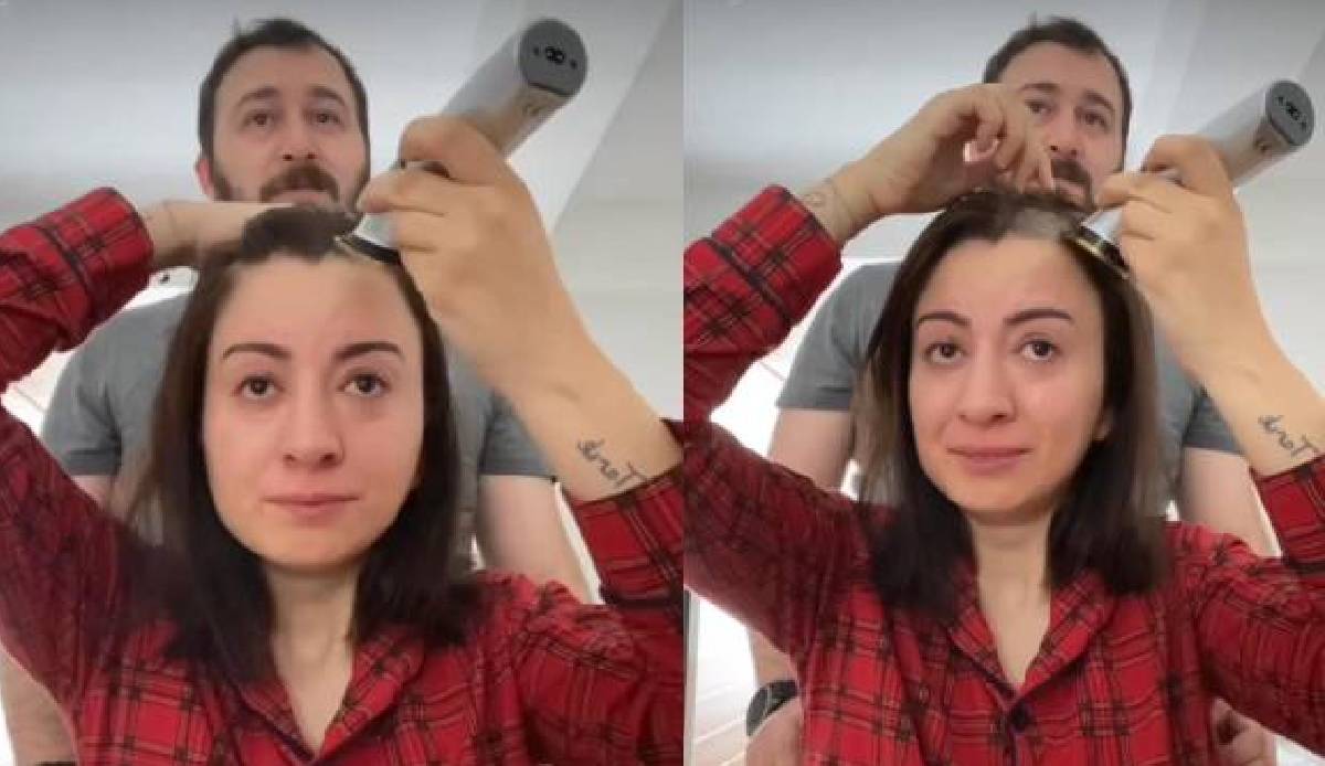 Kansere yakalanan eşinin saçlarını gözyaşları içinde kesti