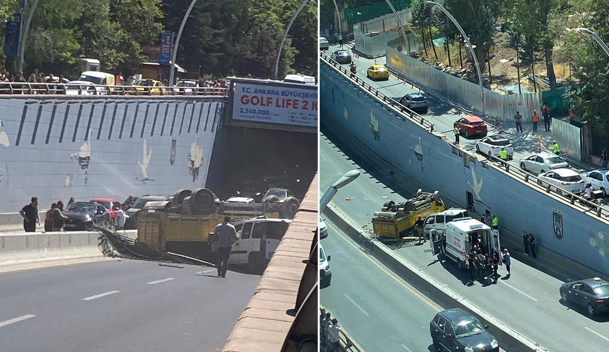 Ankara'da dehşet veren kaza! Kamyon alt geçitteki aracın üzerine uçtu