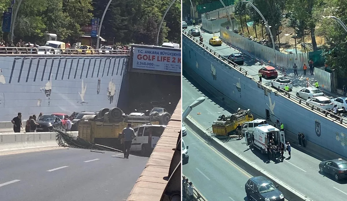 Başkentte feci kaza! Kamyon alt geçitteki aracın üzerine uçtu