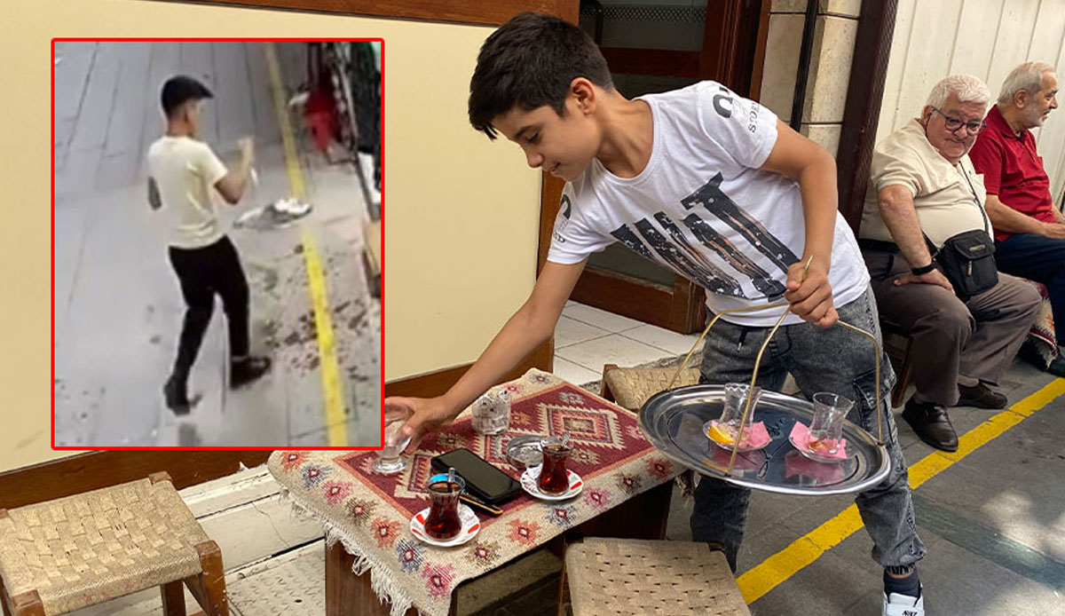 Çay tepsisini havada çevirmek isteyen çaycı çırağının sakarlık anları kamerada