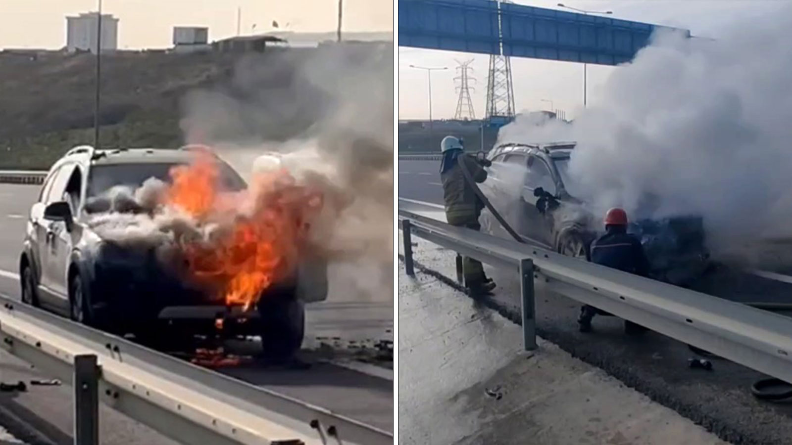 Otomobil alev topuna döndü, içindeki 4 kişi son anda kurtuldu