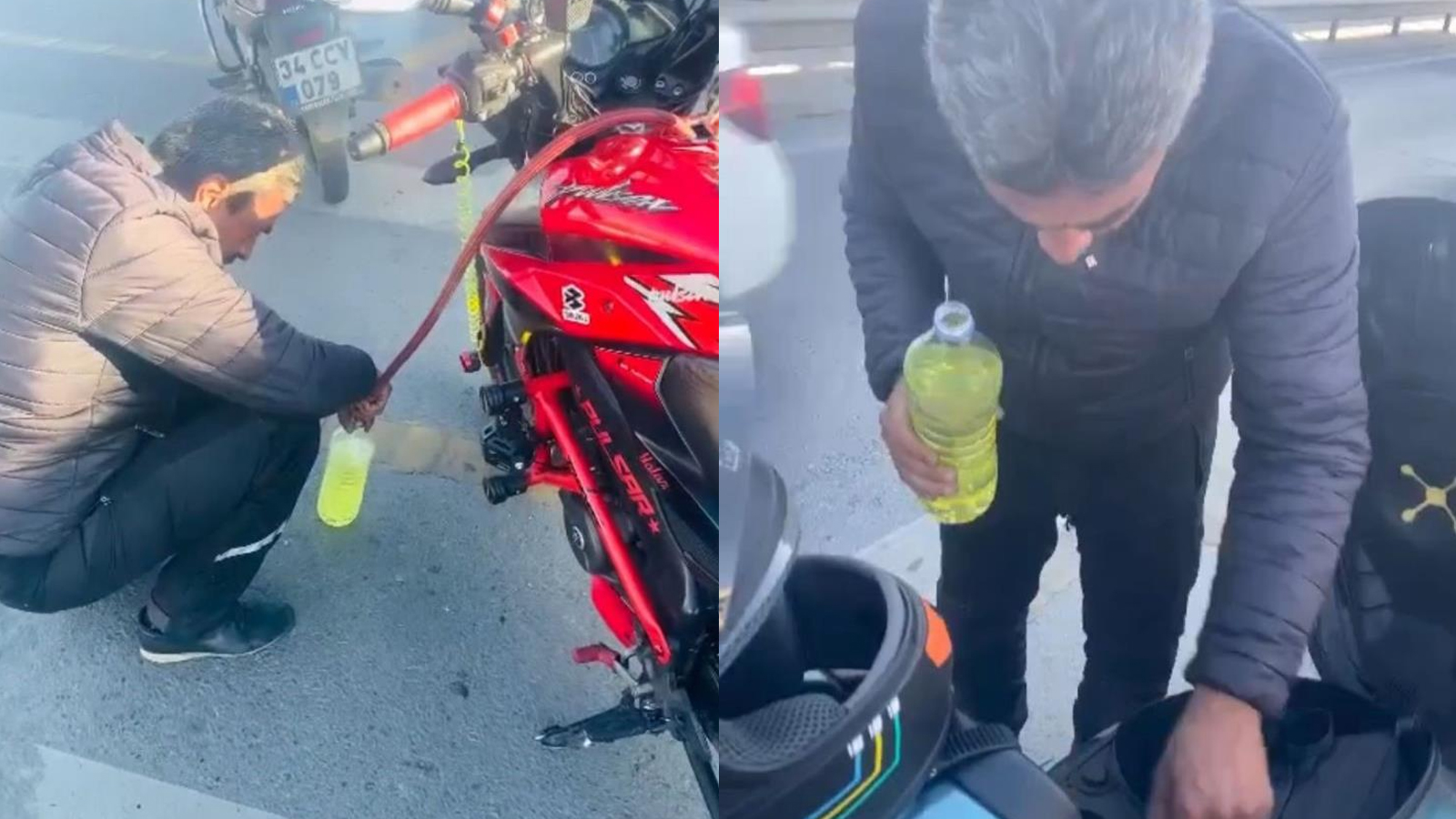 "Motorum bozuldu" bahanesiyle litre litre benzin topladı! Kandırıldığını fark eden sürücü o anları kaydetti
