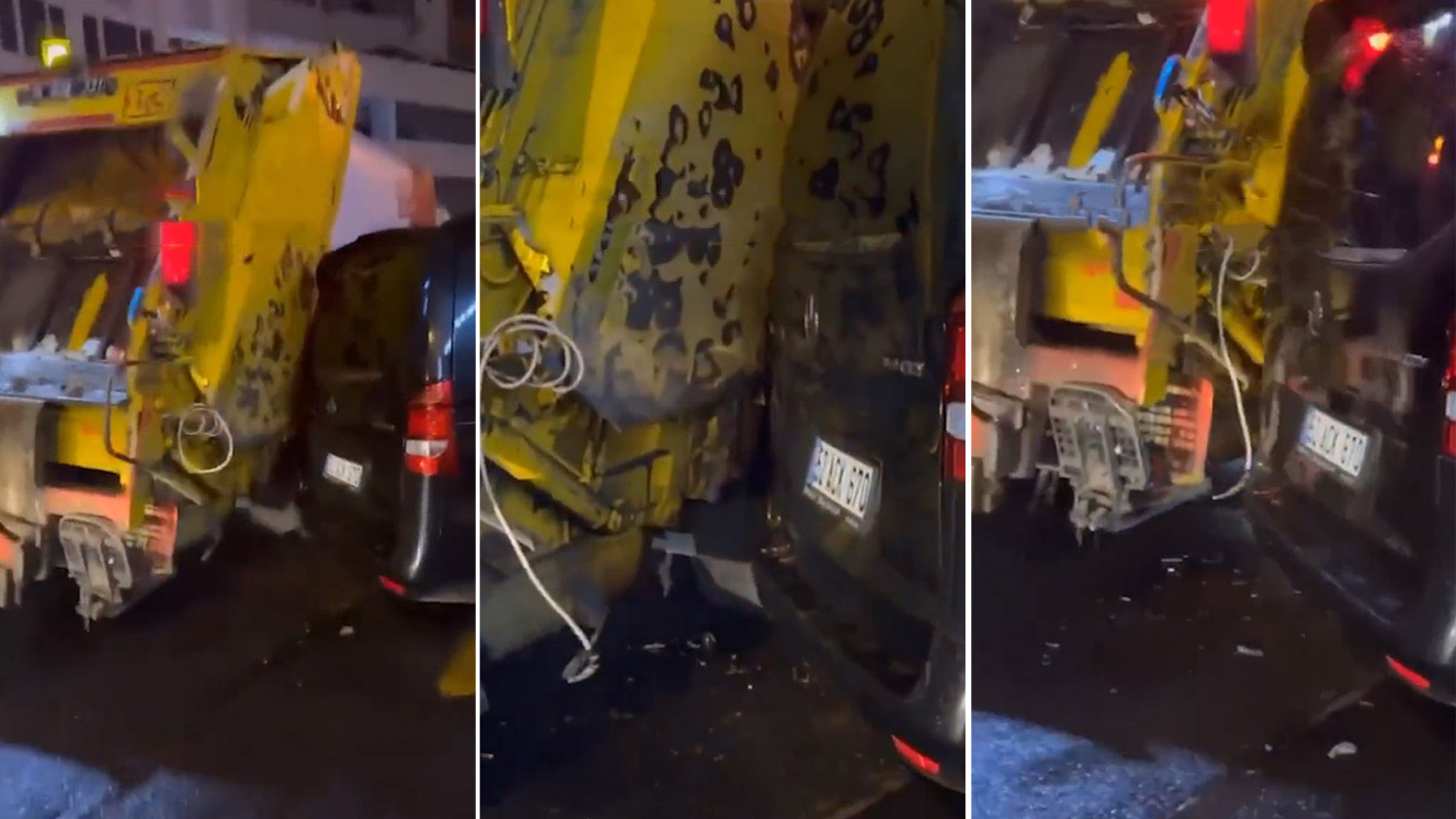 Çöp kamyonu yolu kapatan aracı ezdi geçti