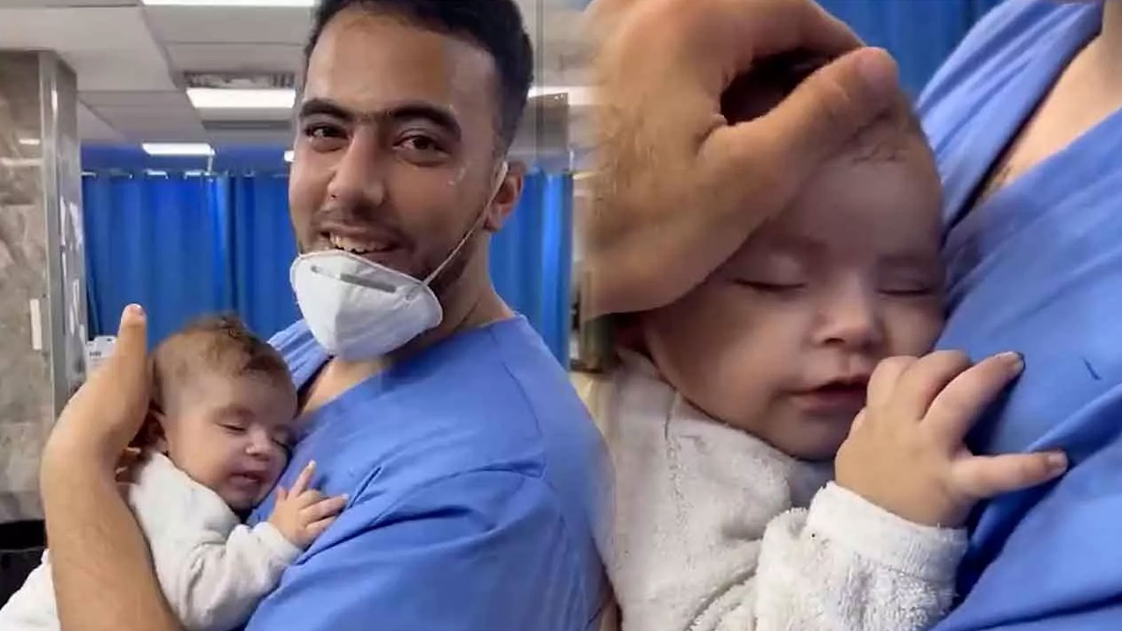 Enkaz altından sağ kurtarılan bebek sağlık çalışanın kucağında gülümseyerek uyudu