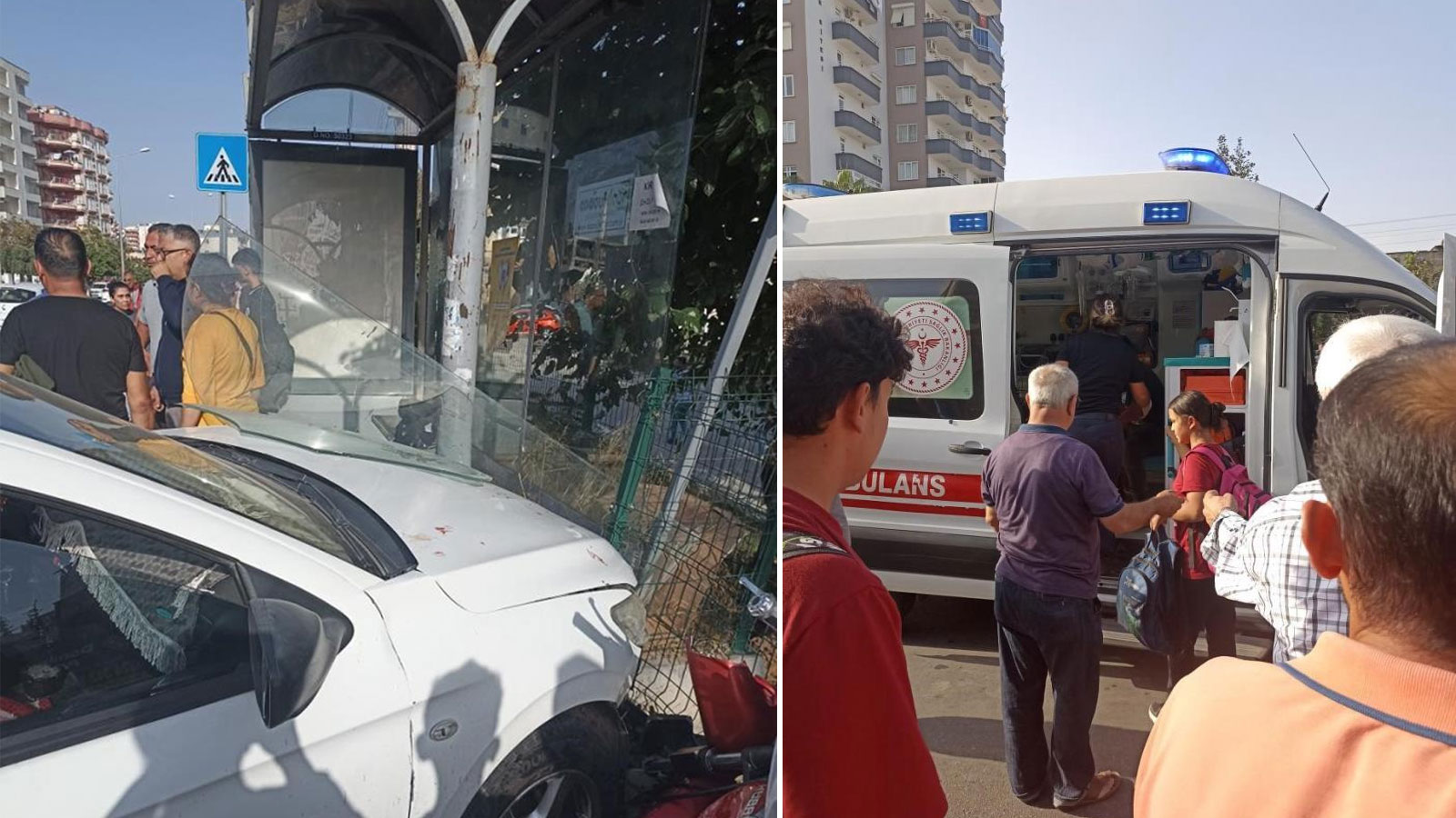 Otomobil öğrencilerin bulunduğu otobüs durağına daldı: Yaralılar var